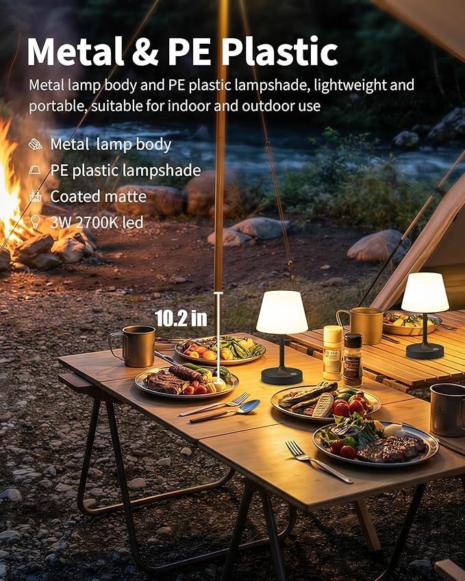 PUSU Cordless LED Black Small Table Lamp, Waterproof Shower Light with 4000mAh Battery, Portable Rechargeable Touch Dimming Night Light for Bathroom, Outdoor Camping, Kitchen, Patio, Restaurant