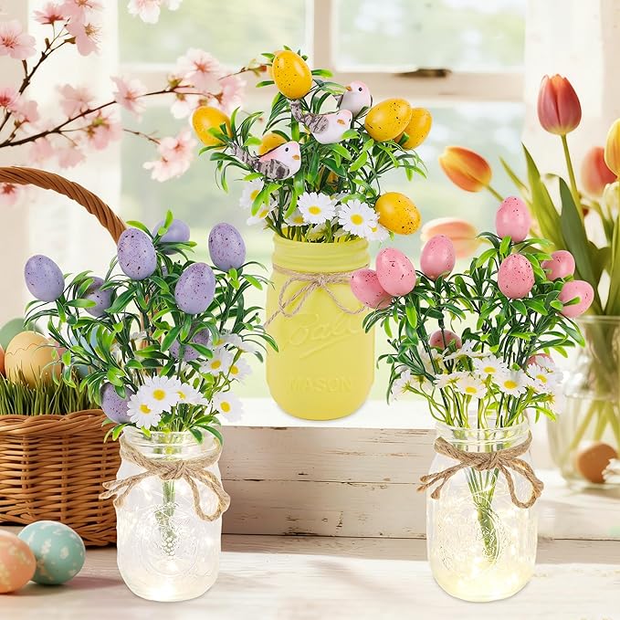 DR.DUDU Easter Decorations for Home, Easter Table Centerpiece with Egg Picks in Glass Vases, Wood Tray & Led Lights with Timer, Spring Decor for Home, Set of 3