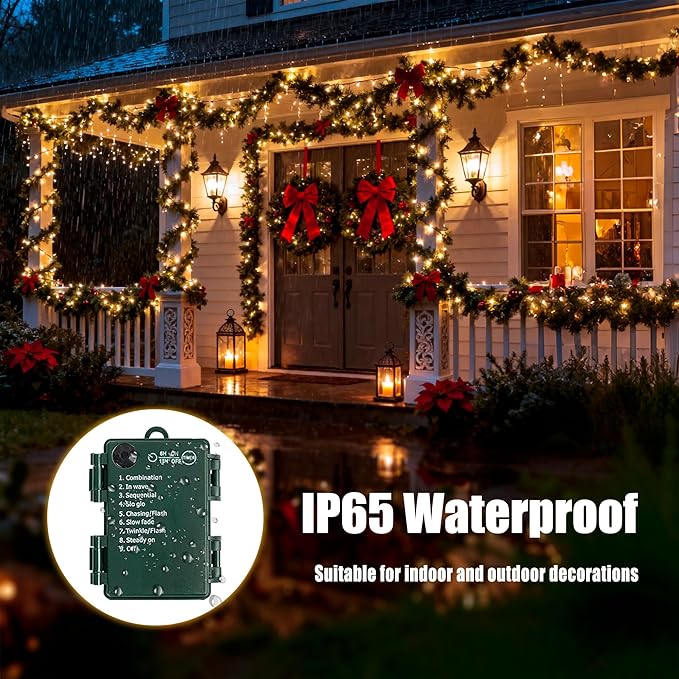 Battery Operated Christmas Lights - 4 Pack Total 66ft 200 LEDs Warm White Christmas Lights with Timer, 8 Modes Waterproof Twinkle Lights for Indoor Outdoor Xmas Tree Wreath Party Holiday Decorations