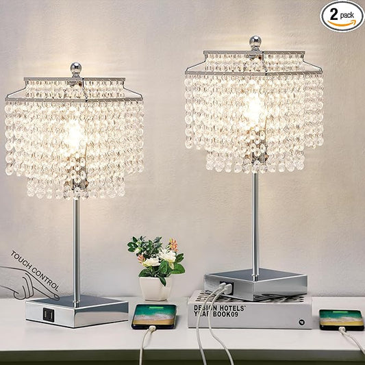 Luvkczc Crystal Table Lamp with Touch Control Set of 2, USB Bedside Table Lamp with USB C+A Ports, Dimmable Lamp with Crystal Shade for Bedroom, Living Room, 6W LED Bulb Included