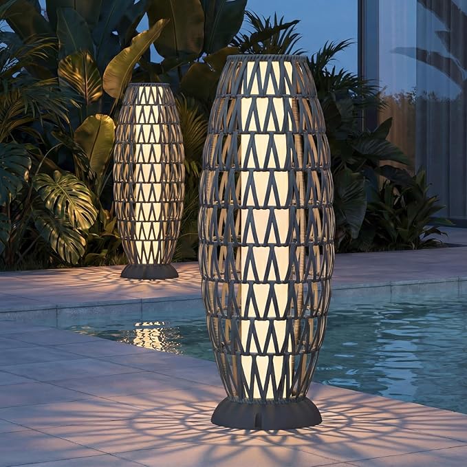 Solar Yard Outdoor Solar Lamp Woven Wicker Boho Lantern Floor Lamp, Decoration for Garden, Deck, Yard, Pathway, Oslo Silver Black