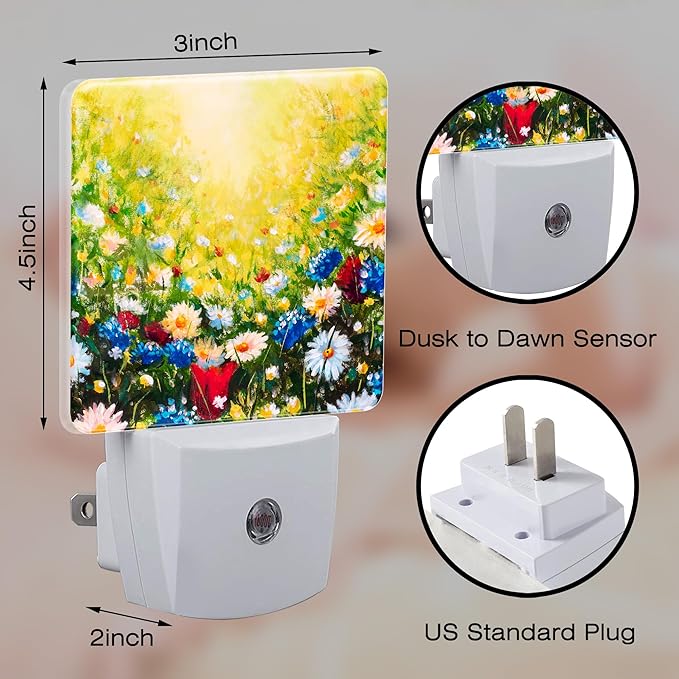 Colorful Daisies Flowers Night Light, Abstract Floral Oil Painting Dusk to Dawn Night Light Plug in, 0.5w Energy Saving Sleep Friendly NightLight for Kids Boys Girls Home Decor