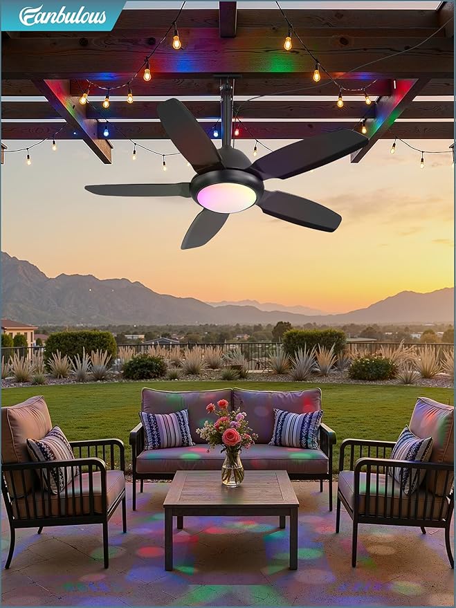 Fanbulous 42 Inch RGB Waterproof Outdoor Ceiling Fan with Lights,APP & Remote Control,IP65 Hanging Gazebo Fan with 3CCT 6-Speed DC Motor,Black Wet Rated Plug in with Cord for Patios Porch Pergola