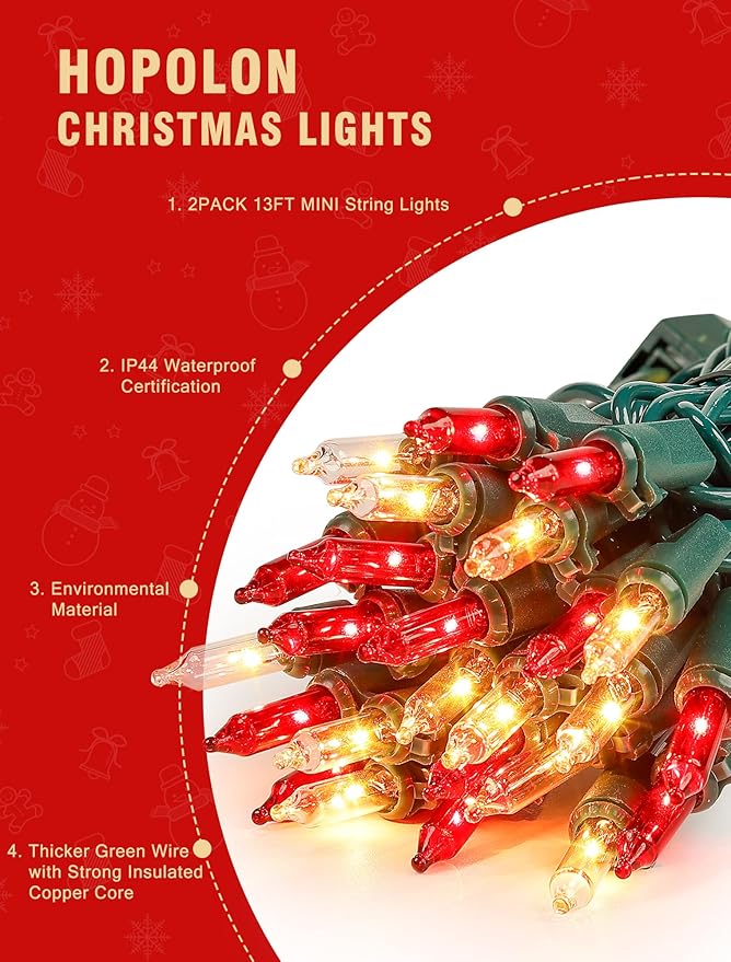 Hopolon Red and Warm White Christmas Lights，2PACK 50Count 13FT Mini Lights Connectable Christmas String Light Xmas Tree Light Incandescent Plug in Waterproof for Home Yard Party Wedding Holiday Decor