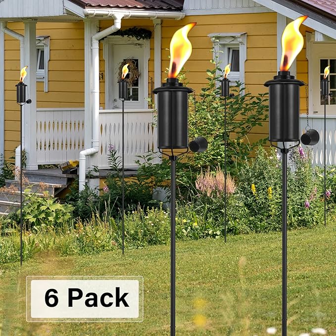 6 Pack Garden Torches, 16 oz Metal Torch for Outside with 3-Prong Grounded Stake, Outdoor Decorative Citronella Torches, 59 inch Garden Décor Torches
