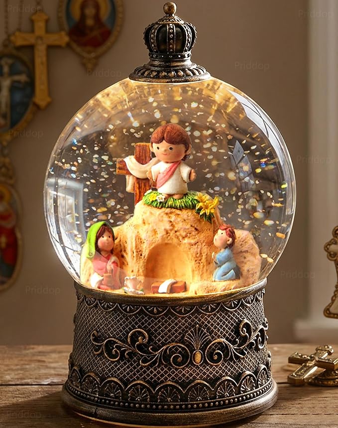 Empty Tomb Easter Scene and Cross Decoration Easter Snow Globe Easter Decorations for Home Music Christian Gifts with 6H Timer USB/Battery Powered 105mm Globe