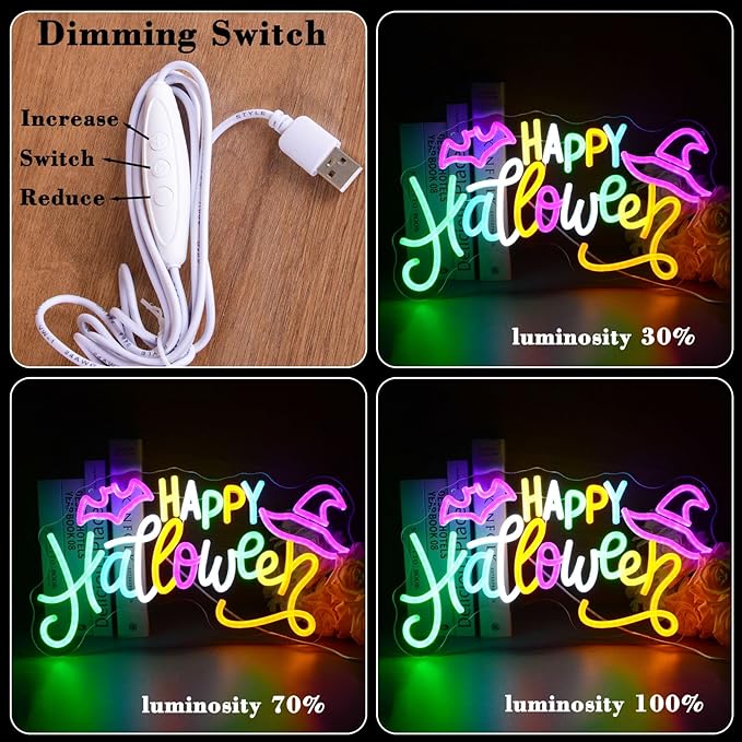 Happy Halloween Neon Sign Colorful LED Wall Decor with Bats & Witch Hat Design Neon Lights for Spooky Party, Home, Bar, or Window Decoration - Halloween Glow Light for October 31