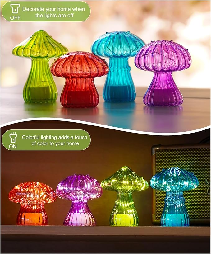 Nacome Glass Mushroom Table Lamp: Set of 4 Colored Small Cute LED Night Light Home Decor for Bedroom Desk - Birthday Gifts for Women