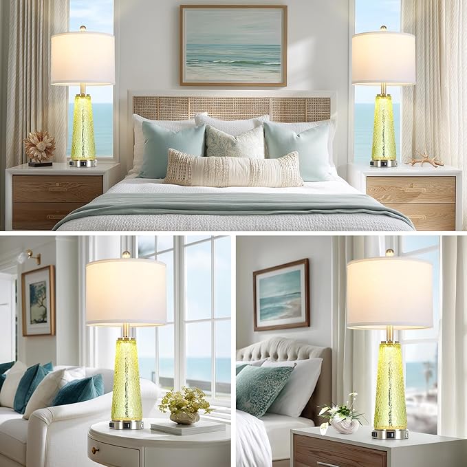 26" Gold Glass Table Lamps for Living Room Set of 2, Modern Bedside Lamp with USB A+C Ports & AC Outlet, Coastal Cracked Glass Nightstand Lamps with 2 LED Night Light for Bedroom End Table Amber Decor