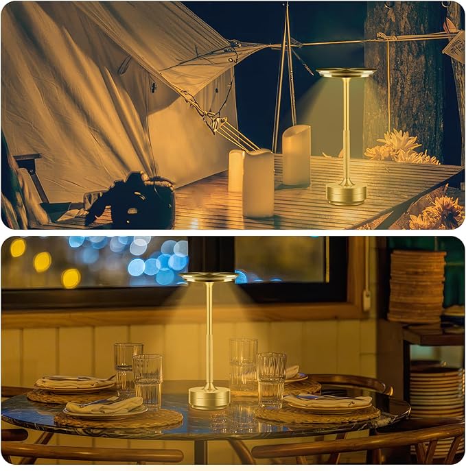 Cordless Rechargeable Table Lamps, Portable Led Ecolume Dining Table Light with Touch Control & 3 Color Dimmable, 5200mAh Battery Powered Vueeze Table Lamp for Outdoor Patio Dinner Restaurant (Gold)