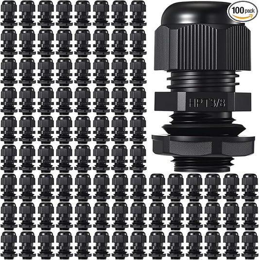 100 Pcs 3/8" NPT Black Nylon Cable Gland, Waterproof IP68 Adjustable Locknut Cable Diameter Waterproof Connectors Black Cord Grip