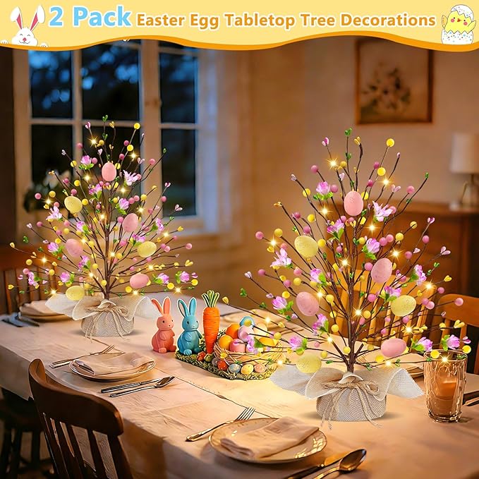 2 Pack & Timer - Easter Decorations, 18 Inch Lighted Easter Tree Tabletop with 20 LED Warm White Lights Pastel Eggs Floral Berries Battery Operated Easter Egg Tree Home Indoor Table Party Spring Decor