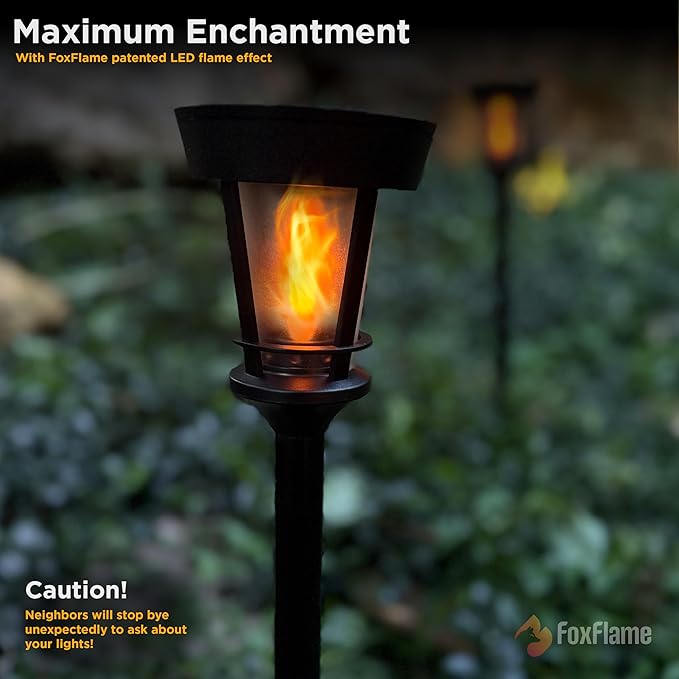 FoxFlame Classic Solar Path Torch - Elegant Flickering Flame Effect with Patented LED,IP65 Waterproof,Solar-Powered Lighting for Garden,Yard, and Landscape Ambiance Easy Stake Installation (2 Pack)