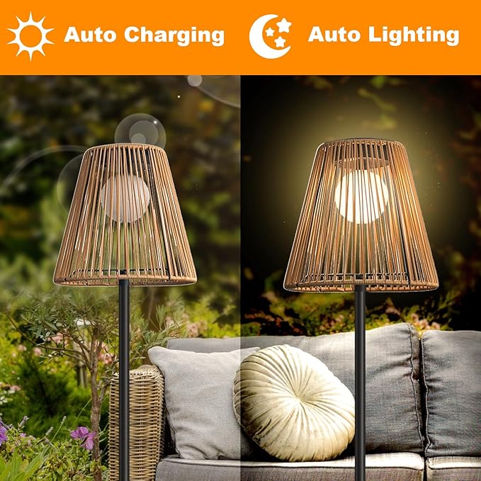 Outdoor Solar Floor Lamp, Garden Rattan Wicker Light, Metal Pole and Base, Waterproof Yard Garden Wedding Home Decor Light -Brown