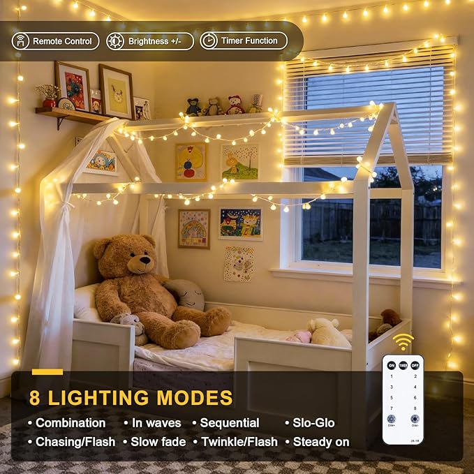 JMEXSUSS 100 LED Connectable Globe String Lights Indoor Bedroom, 33ft Warm White Christmas Lights Plug in with Remote, 8 Modes Hanging Fairy Light Outdoor for Room Classroom Party Spring Home Decor