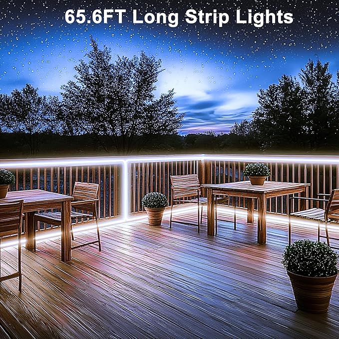 echosari 65.6Ft LED Strip Lights, 6000K Ultra-Bright Strip Lights with Timer Dimmable, 2400 LEDs Flexible Tape Lights Outdoor Waterproof Light Strip for Pool Pathway Balcony Patio (Cool White)