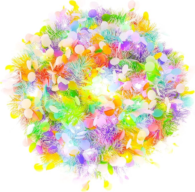 33FT Easter Tinsel Garland with LED Lights Prelit Easter Egg Metallic Twist Tinsel Garland Battery Operted Lighted Colorful Foil Hanging Garland for Tree Stairs Mantle Decoration Party Supply