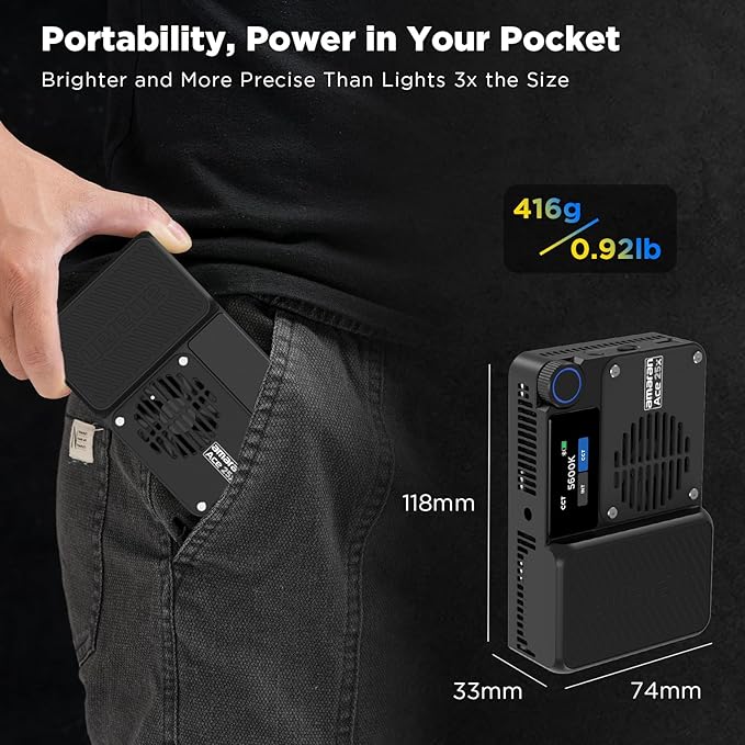 Amaran Ace 25x Pocket Bi-Color LED Light: Boost Mode Up to 32W, Bi-Color Mini Video Light (2,700-6,500K), 1,636 Lux@1m, 4,500mAh Battery with PD Fast Charging for Mobile Creators (Charcoal)
