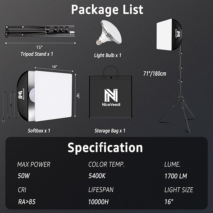 Softbox Lighting Kit, NiceVeedi 16'' x 16'' Softbox Photography Lighting Kit with 63” Tripod Stand & 5400K 450W Equivalent LED Bulb, Continuous Lighting for Photography/Video Record/Live Streaming