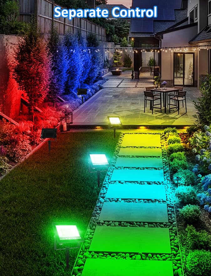 RGB LED Flood Light Outdoor 300W Equivalent, 30W Bluetooth RGBCW Smart Floodlights 2700K, 16 Million Color Changing, Timing, Music Sync, IP66 Waterproof Landscape Lighting with US Plug (4 Pack)