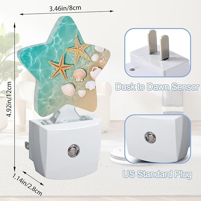 Night Light,Beach Starfish Shell Plug into Wall with Dusk to Dawn Light Sensors,Coastal Summer Warm Star Nightlights for Bedroom,Bathroom,Hallway,Kitchen Home Decor Desk Lamp