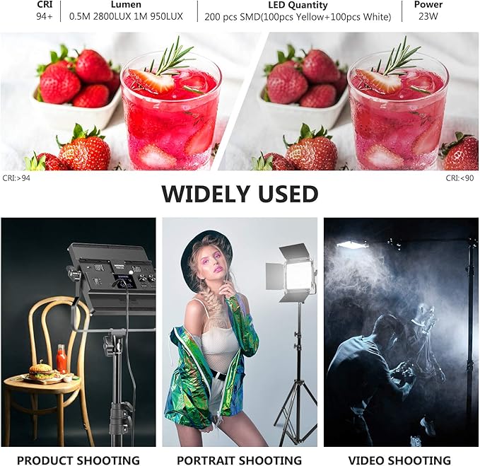 Neewer 2-Pack 2.4G LED Video Light with 2M Stand Bi-Color 200 SMD CRI 96+/U-Bracket/Barndoor/LCD Display Video Lighting Kit for Studio Photography, Remote/Case Included