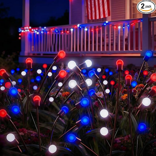 Patriotic Solar Firefly Lights 2 Pack Red White Blue Swaying Outdoor Lights 6 LED Each Waterproof Solar Stake Light for 4th of July Memorial Day Independence Day Yard Garden Patio Decor