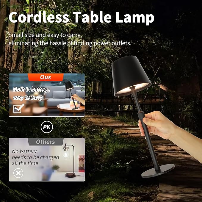Mr.White Outdoor Waterproof Rechargeable Cordless Table Lamp with Telescopic Pole & Wicker Shade, 5200mAh Battery Operated Table Light with Touch Control, for Patio Restaurant Kitchen (Black)