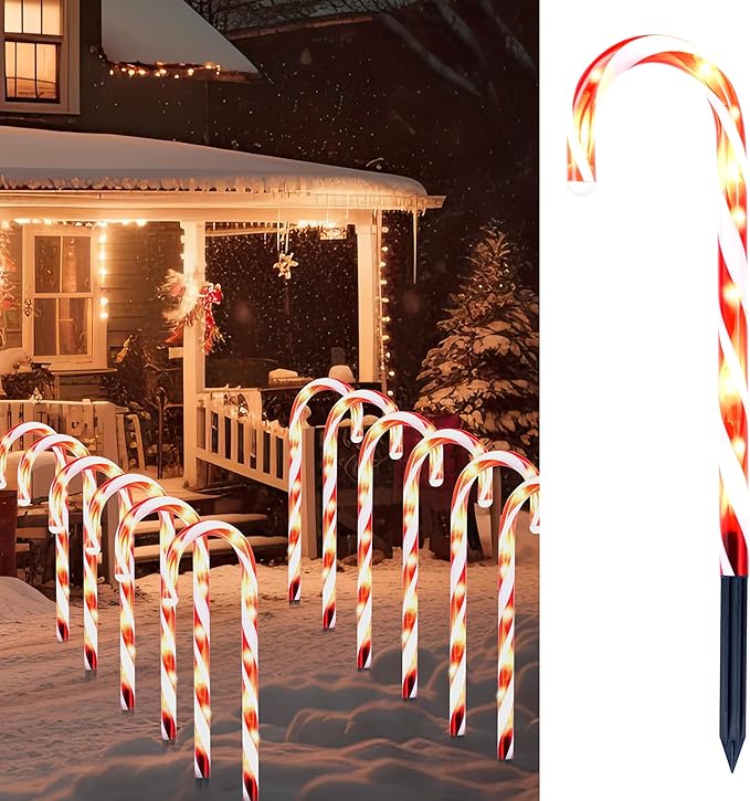 Joiedomi 12 Pcs Christmas Candy Cane Pathway Markers Lights, 12” Stakes Lights, Outdoor Decorations for Holiday Xmas Indoor Yard Patio Garden Walkway