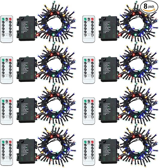 Tuanse 8 Pack Battery Operated Outdoor Christmas Tree String Lights,16.4 ft Mini Light Outdoor Christmas Lights with 50 Led of Dark Green Cable Lighting for Bedroom Garden Yard (Colorful Light)