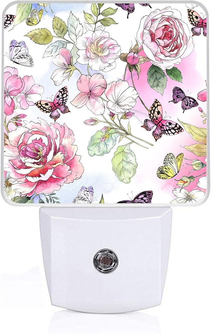 Peony Flower Night Light, Plug-into Wall Butterfly Spring Rose Wild Floral Plant Nightlight Lamp with Dusk to Dawn Sensor, Led Lamp 0.5W Energy Efficient for Boys Girls Adults Home Decor