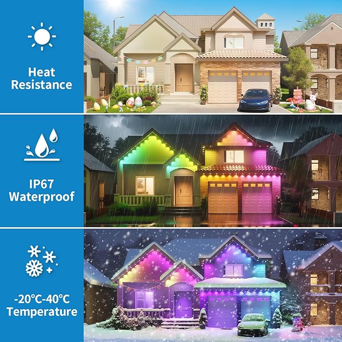 mw Permanent Outdoor Lights for House, 150ft RGB+IC Smart Outdoor Decor, 50+ Scene Modes, App/Remote Control, IP68 Waterproof, House Eave Lights for Christmas, Halloween, Party Decorations