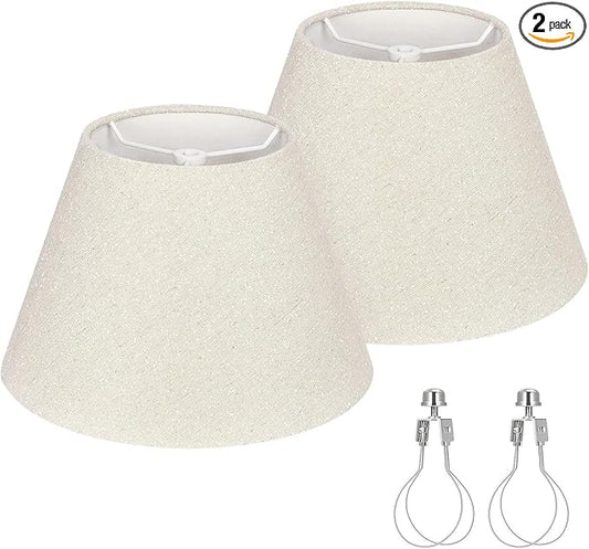 Small Lamp Shades Set of 2, Beige with Silver Thread Lamp Shade, 5.5" Top x 10" Bottom x 6.6" High, Glitter Linen Lamp Shades for Table Lamps Bedside Lamps, Spider, Bulb Clip Adapters Included