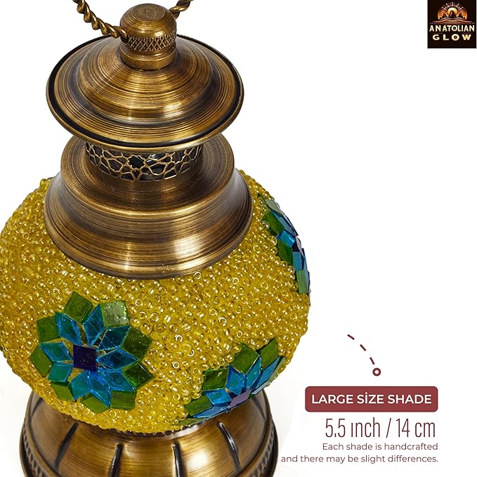 Portable Turkish Mosaic Lamp – Handmade Tiffany-Style Glass Light with Bronze Base and LED Bulb – Battery Powered Bedside Decor Lamp (Chamomile Pattern) – Globe Size 6.5"