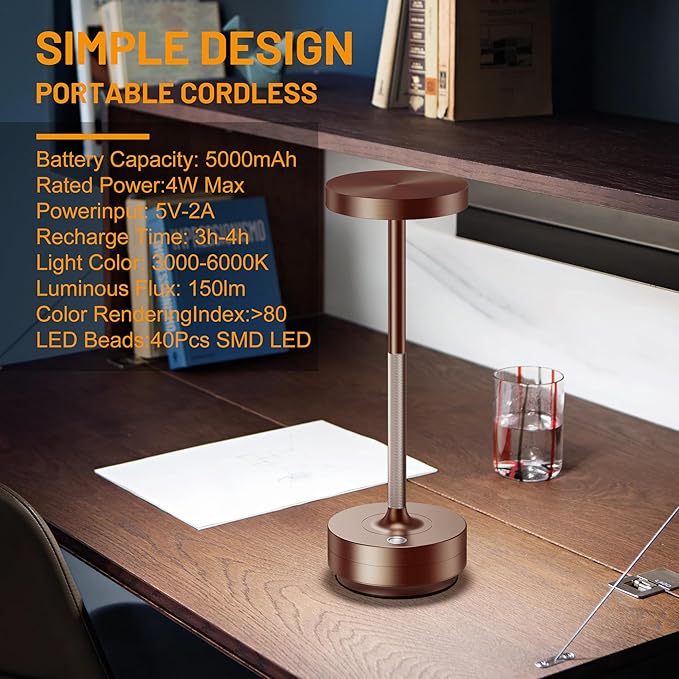 SAKRINGT Rechargeable Cordless Table Lamp - Battery Operated LED Portable Table Light with 3 Color Stepless Dimming, Memory Function - IP54 Waterproof for Outdoor, Restaurant, Patio, Camping