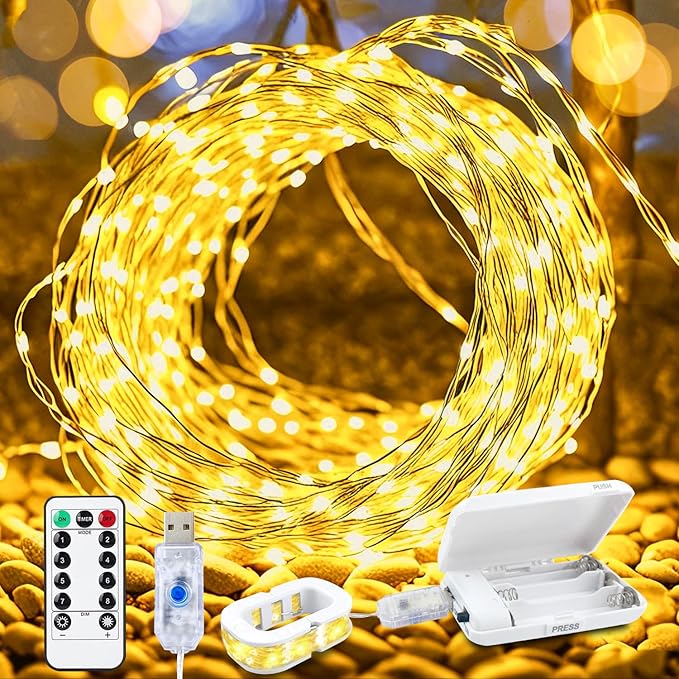 Aogist 50LED Fairy Lights 16ft Dual Power(USB/Battery) with Remote & Timer, 8 Modes Flexible Copper Wire Waterproof String Lights for Outdoor Christmas Wedding Bedroom Party Decor-1 Pack,Warm White