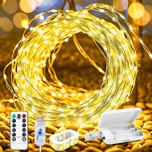 Aogist 50LED Fairy Lights 16ft Dual Power(USB/Battery) with Remote & Timer, 8 Modes Flexible Copper Wire Waterproof String Lights for Outdoor Christmas Wedding Bedroom Party Decor-1 Pack,Warm White