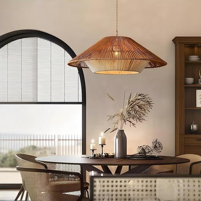 LIGHTLAND 23.6 Inch Bohemian Rattan Pendant Light, Twine Woven Chandelier, Wabi-sabi Style Handwoven Chandelier for Dining Room, Kitchen Island, Living Room