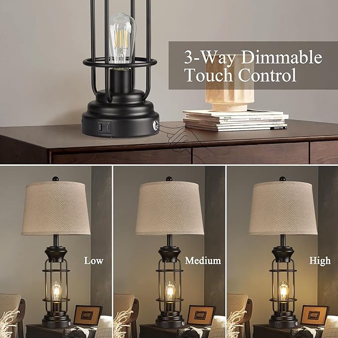 Table Lamp Set of 2 with USB Ports, 28" Tall Farmhouse Table Lamp with 2 Nightlight Bulbs,Touch Control Table Lamps for Bedroom, Rustic Bedside Lamp for End Tables,Bulbs Included,Black