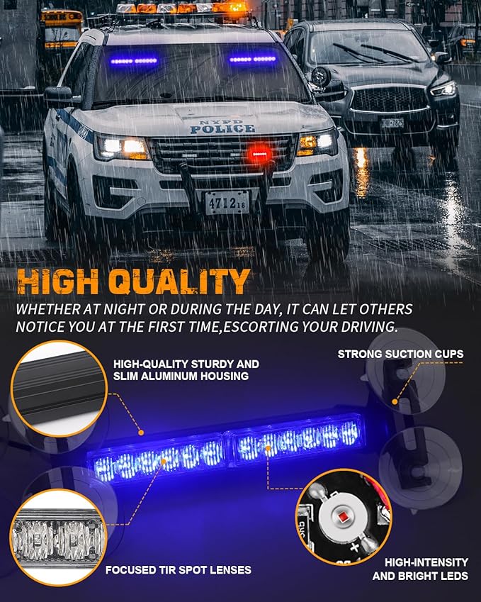 XRIDONSEN 2x 10.7 inch Blue Emergency Lights 24 LED Warning Flashing Safety Side Window Front/Rear Windshield Strobe Lights Grill Surface Mount for Police Firefighter POV Ambulance Vehicles Trucks Car