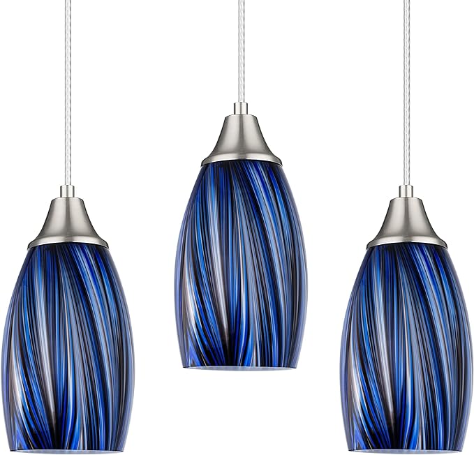 Dark Blue Glass Mini Pendant Lights for Kitchen Island 3Pack Blown Art Glass Pendant Lighting Shade Hanging Pendant Lights with Brushed Nickel Finish for Kitchen Over Sink,Dining Room