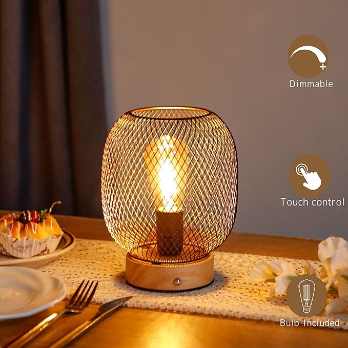 JHY DESIGN Dimmable Touch Bedside Table Lamp Metal Cage Rechargeable Battery Powered Lamp with LED Bulb for Weddings Parties Patio Events for Indoors Outdoors(Round, Wooden Base)