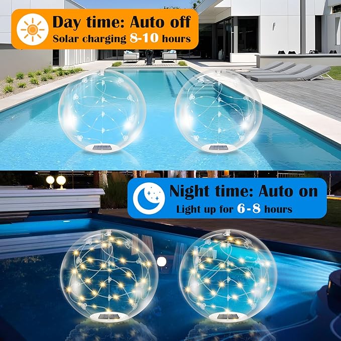Floating Pool Lights Solar Powered,14 Inch 3000K Warm White Inflatable Glow in The Dark Balls,IP68 Waterproof Led Light up for Inground Pool,Christmas Decorations Outdoor Ornaments