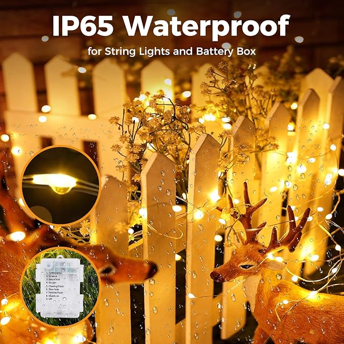 litogo 33FT 100LED Fairy Lights Battery Operated with Remote and Timer - 3 Pack IP65 Waterproof Outdoor Twinkle Lights, Copper Wire Indoor String Lights for Wedding Tree Christmas Decor, Warm White