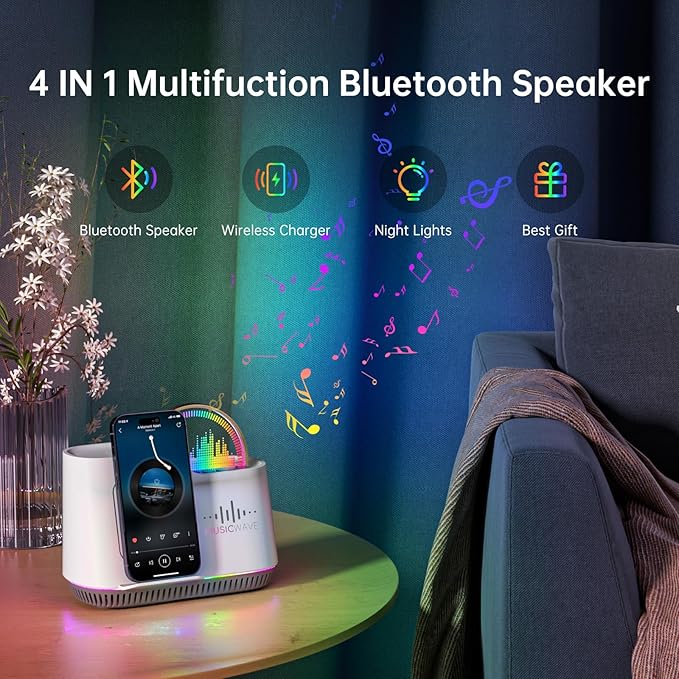 Night Light Bluetooth Speaker, Touch Control Bedside Lamp with Dimmable Dynamic Colored Lights, 15W Wireless Charging Station, Phone Holder, Gifts for Girls Boys Women Gifts Room Decor