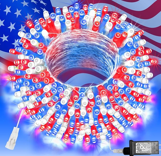 Pooqla 200 LED 66 FT 4th of July Decorations Lights, Red White Blue Patriotic String Lights, Outdoor Independence Day Fairy Lights 8 Modes Connectable for Home Yard Patio Party Decoration, Clear Wire