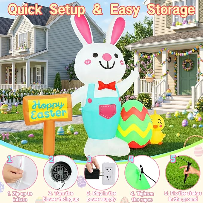 5FT Easter Inflatable Outdoor Decorations Bunny with Egg & Chick Blow Up Yard Ornament with Soft LED Illumination Stable Blower & Fixing Kit for Spring Lawn Decor Garden Holiday Party Display