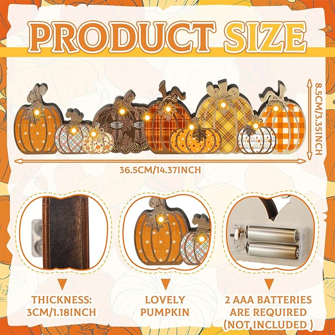 Yousoontic Thanksgiving Fall Pumpkin Decor Table Centerpieces Halloween Wooden Pumpkin Sign Decorations with LED Lights 3D Block Autumn Harvest Farmhouse Fall Decor for Home Mantel Desk Office Party
