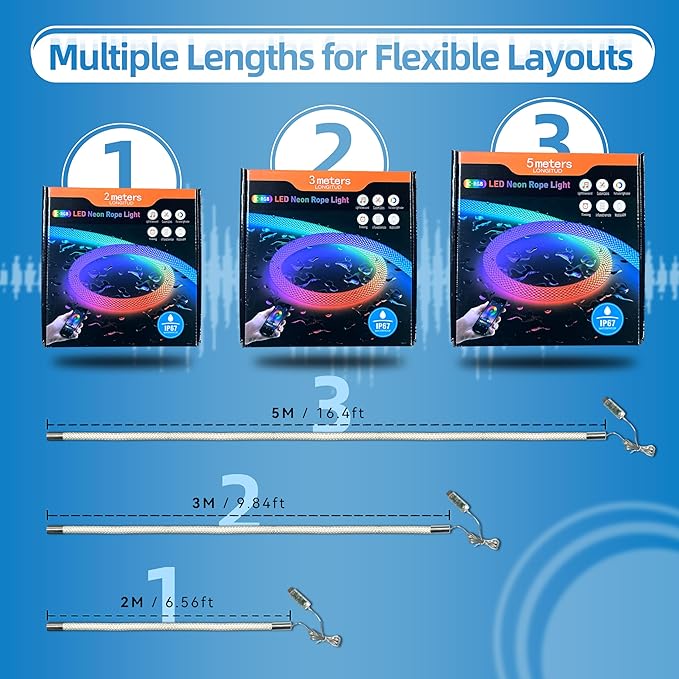 9.84ft Neon LED Rope Lights, 360 Led Light Strip Waterproof Strip with Music Sync,Remote & APP Control,USB-Powered Flexible Lighting for Indoor/Outdoor Gaming Room,Bedroom, and Wall Decor