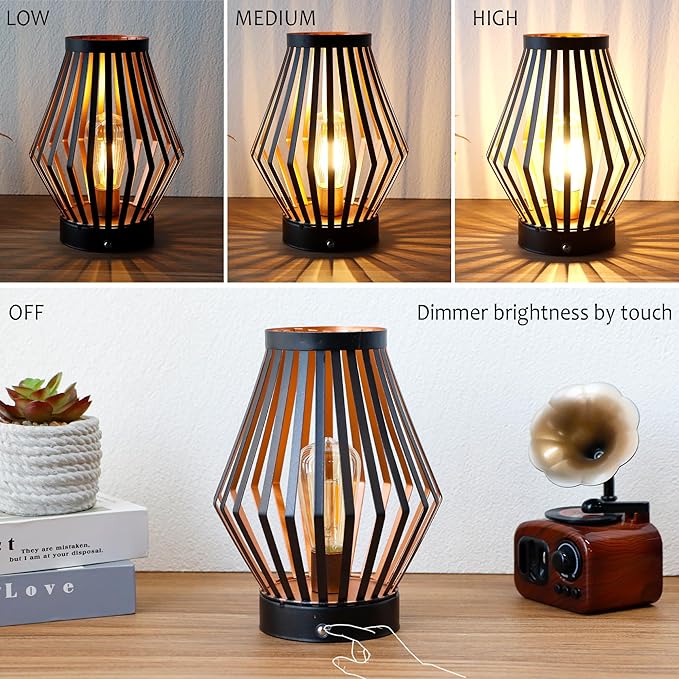 JHY DESIGN Dimmable Touch Bedside Table Lamp 8.5''H Rechargeable Metal Cage Lantern with LED Edison Style Bulb Cordless Accent Lamp for Weddings Parties Patio Events for Indoors Outdoors